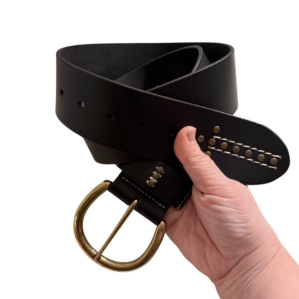 Streets Ahead brown leather belt made in the USA 34 stitching accents